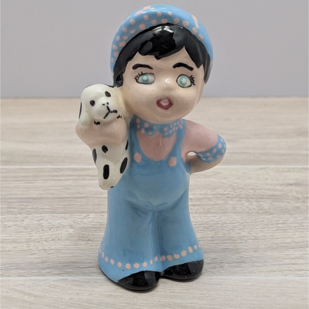 Vintage Hand Painted Ceramic Boy Figurine w/ Puppy Signed by Ferrell 4.25"